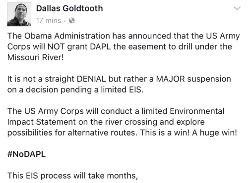 nativenews:  “The Obama Administration has announced that the US Army Corps will NOT grant DAP