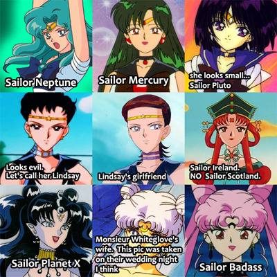 sailorastera:I asked a friend who knows almost nothing about Sailor Moon to name these characters :’