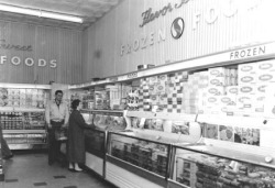 the50s:  Vintage shoppers in the frozen foods section of a Safeway grocery store. 