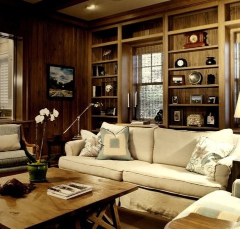 Beach Style Family Room - Family Room Mid-sized Beach Style Enclosed Medium Tone Wood Floor Family Room