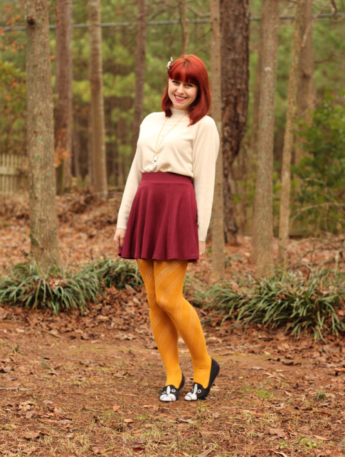 (via Petite Panoply: Turtleneck Sweater, Maroon Skater Skirt, Yellow Tights, &amp; Boston Terrie