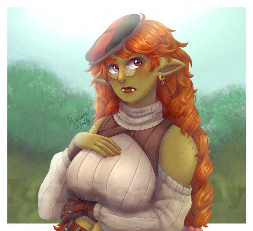 A Digital illustration of a Goblin girl with pointed ears and 2 little fangs sticking out. She has orange-copper hair with messy braided pigtails and wears a paperboy cap tilted to the side. There are little sprinkles of freckles on her face and shoulders. She wears small, round, gold glasses and has a gold earring in one ear. She wears a peak-a-boo shoulder sweater with leather accessories. One hand is gloved.