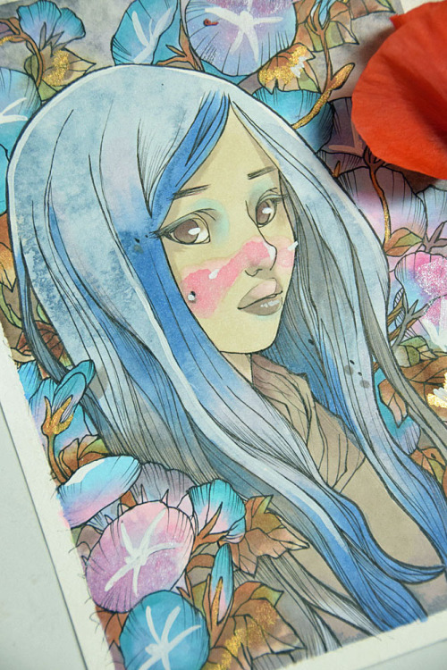 Latest illustrations.Asagao, Summer Flowers, Melusine, Fox Mask.Watercolor, markers, colored pencils