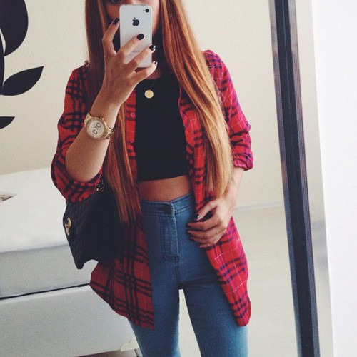 Plaid FlannelHigh Waist PantsDelicate Necklace