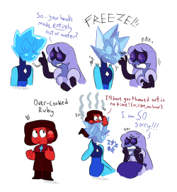 nonetoon:  Some more of the canon designed gem characters! Started out as a silly little idea but it just kept going and got all the gems involved, including the new Over-Cooked Ruby! Kinda based on the idea of what would happen if a gem type that’s