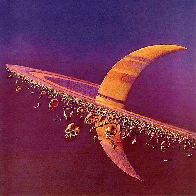 70sscifiart:    Two very different takes on a skull planet, by Ray Feibush and Bruce