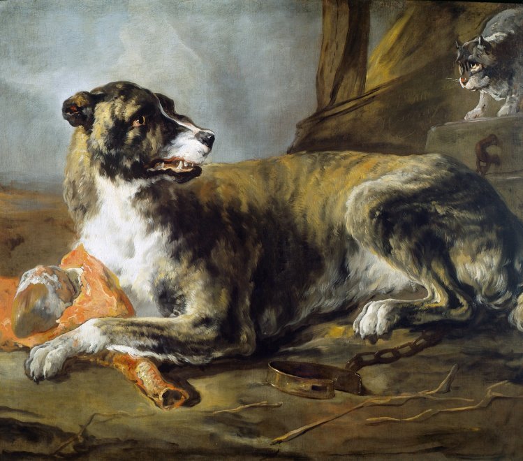 Jan Baptist Weenix, Hound with a Joint of Meat and a Cat looking on