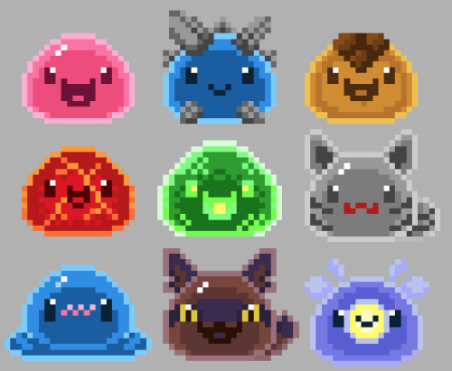 Been wanting to cross stitch some Slime Rancher critters, so I made a bunch of pixel slimes to work 