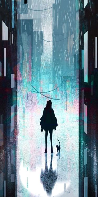 Silhouette, buildings, girl and cat, cityscape, artwork, 1080x2160 wallpaper @wallpapersmug : http:/