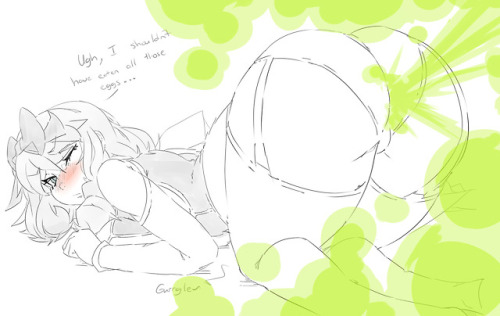 An uncoloured request of Haruka from Senran Kagura farting with a stomach ache.