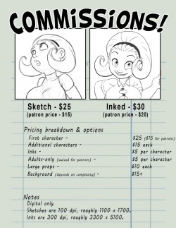 jklind:  My commission list is officially open!  There will be 10 available slots, send me a PM if you’re interested!Usual rules apply - reference is required; payment up front via paypal once a commission is agreed upon; no porn of my characters,