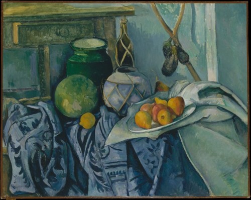 met-european-paintings:Still Life with a Ginger Jar and Eggplants by Paul Cézanne via Europea