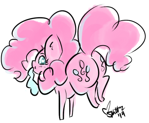 Quick stream doodle. I made a Pinkie Pudgebutt. Its too. Damn. Cute.  Gonna agree with Marzipan… I think she sucked the helium out if the ballon, and now her glorious rump is floating away :3 fucking adorable.