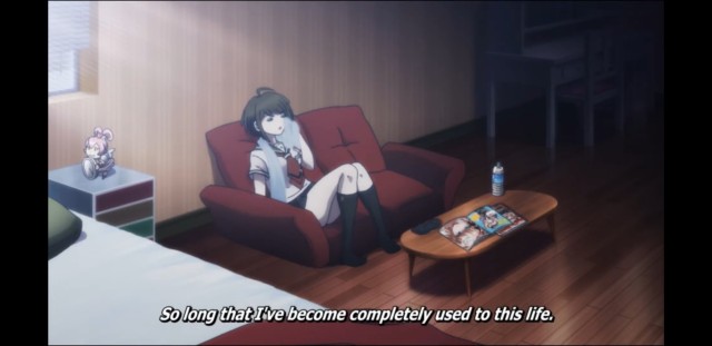 A girl sits on her couch, wiping sweat from her face with a towel. Subtitle: "So long that I've become completely used to this life."