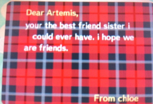 Chloe (my little sister) sent me a letter on Animal Crossing