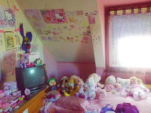 kawaii-kittie:  My sweet lollita room ~ sorry for this quality but my phone can have only settings like these *.* pls d0 not deLete the credit { *  * } xoxo and ive got one more Hello Kitty plush toys which is light pink but I didnt find a free place