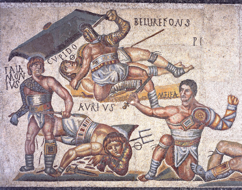 irefiordiligi:The Gladiator Mosaic, dated to the first half of the 4th century, Rome, Galleria Borgh