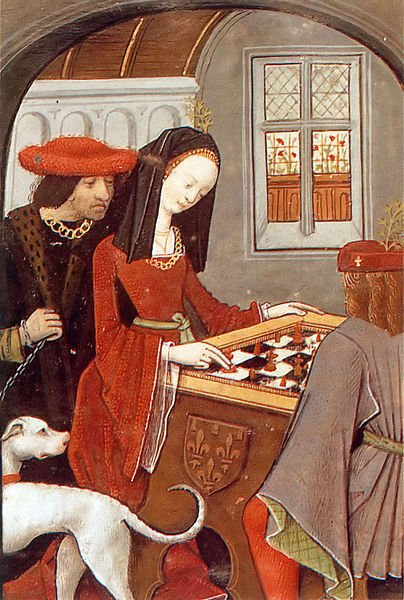 Evrart de Conty Charles d'Angoulême and Louise of Savoy playing chess from illustrated manuscript “E