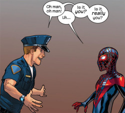 lowkeywalker:  tedtheodorelogan:  cyborgcap:  Cataclysm: Ultimate Spider-Man #28  If you’re not familiar with Ultimate Marve, that’s Miles Morales as Spider-Man instead of Peter Parker. This is him without the costume: Kinda puts that interaction