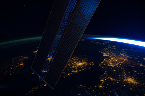 humanoidhistory:  Europe by night, February 2, 2012, seen from the International Space Station: “The scene, captured by one of the Expedition 30 crew members, shows the British Isles (left, partially obstructed by one of the space station’s solar
