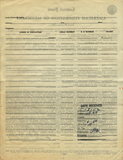 walterfilmusa:   BILLIE HOLIDAY-SIGNED CONTRACT (1952)Completed and signed performance contract blank, 11 x 8 ½" (28 x 21.5 cm.), USA. The great Billie Holiday’s contract for a three-week engagement to perform at the New Club Alabam in South