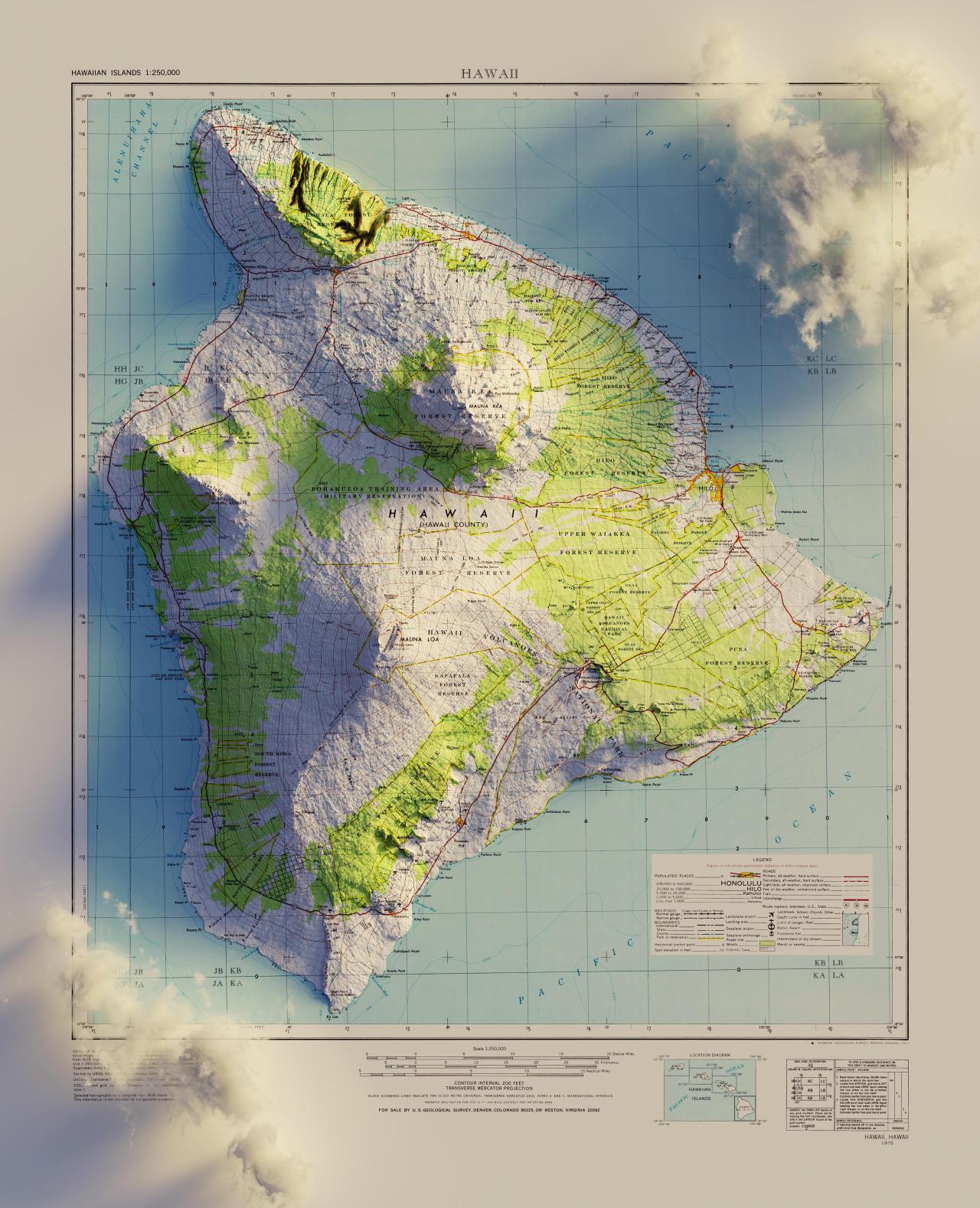 3D Rendered Map of Hawai'i.
Base map by USGS, 1975.
Relief by @geo_spatialist