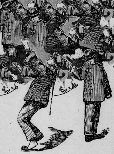 A Chinese Tong Highbinder assassinates a rival gangmember, San Francisco, late 19th century.