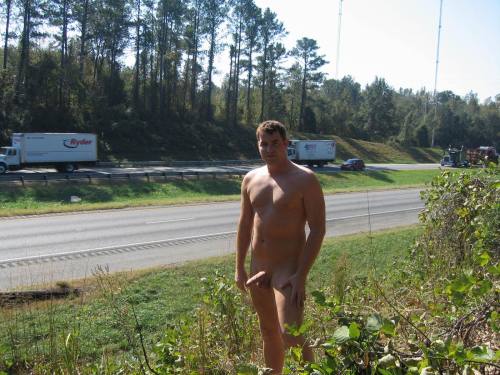 nakedism:  ilovenakedjason:  Hot Exhibitionist by Busy highway  Ballsy.