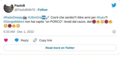 #RadioDeejay📻 #UltimOra🆕️🗞 Cos'è che sentito?! Altre armi per #Kyev?! #GiorgiaMeloni non hai capito "un PORCO": levati dal cazzo, dai!🤬🔥😳🤬🔥😳🤬🔥😳  — PaoloB (@PaoloBMb70) December 1, 2022