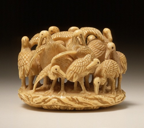 Crane group, ivory with sumi, Japan, early to mid 19th century