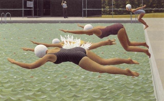 Painting of divers jumping into a swimming pool 