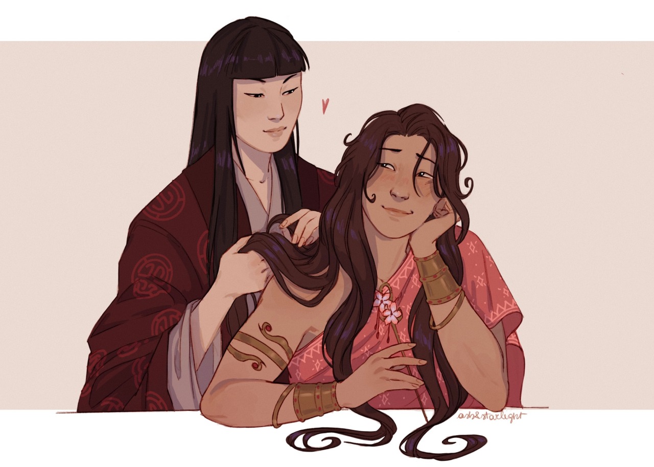 ash-and-starlight:Mailee week day 3 // Hair Ty Lee still needs help untangling her braid [A colored digital drawing of Mai and Ty Lee from the bust-up on a pale peach background. They are both smiling softly and looking at each other, and their hair are