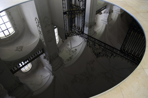 sixpenceee:Artist Romain Crelier has transformed the Bellelay Abbey with reflective pools of used mo