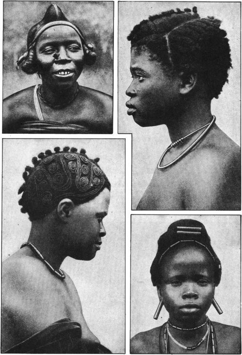 nativepikin:  Fashionable headdresses worn by young women in Nigeria.The women style their hair in elaborate designs. With certain tribes the hair is allowed to grow to considerable length, and then twisted and plaited tightly so that coils are formed