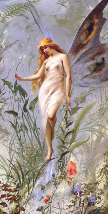 Lily Fairy by Luis Ricardo Falero in 1888. An oil on canvas painting of a flower faerie.