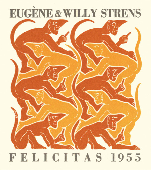 Maurits Cornelis Escher , Fire (Strens New Year&rsquo;s Greeting Cards), 1950′sWoodcut on thick crea