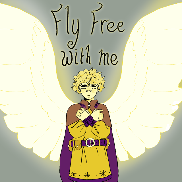 A digital drawing of septimus heap, a blond boy with pale skin, wearing a tunic with stars along the bottom and a darker-coloured cape. His eyes are shut and his hands are crossed over his chest. He has glowing white wings stretching above him and the words "fly free with me" are written in cursive above him. The whole image is coloured with a purple and yellow gradient map