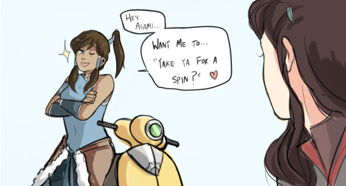 beroberos:  Suave!Korra is back for you Asami. And she’s still trying too hard. For mastertoph cuz she gave me the silly idea ;D  smooth korra is smooth~ < |D