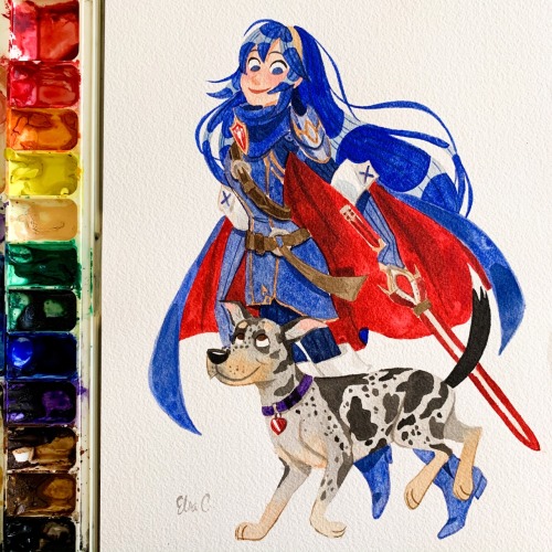 Watercolor commission of Lucina and the patron’s dog