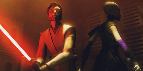 stillwinterair:  A: “I want that back.”O: “That’s fine. Red’s not my color. Ready?”A: “Like you even have to ask.” Asajj Ventress & Obi-Wan Kenobi in s4e22 - Revenge 