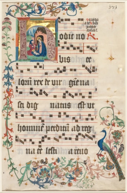 cma-medieval-art: Leaf from an Antiphonary: Initial H with the Nativity (recto), c. 1480, Cleveland 