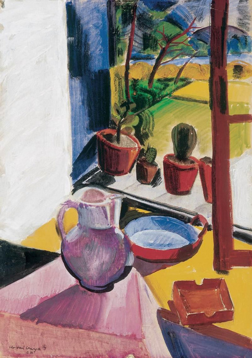 cactus-in-art:Istvan Ilosvai Varga (Hungarian, 1895-1978)Flowerpots on the Windowsill