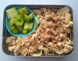 officebento:  I have a recipe for PF Changs tofu lettuce wraps that I love, but they’re super messy to eat. For a bento, I deconstructed them into a salad with the sauce as a dressing. Steamed broccoli stems on the side.   Like