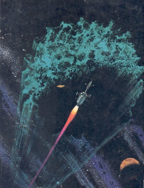 70sscifiart:  Uncredited 1972 cover art for Fact and Fancy, a nonfiction book by Isaac Asimov. The style looks like Dean Ellis to me.