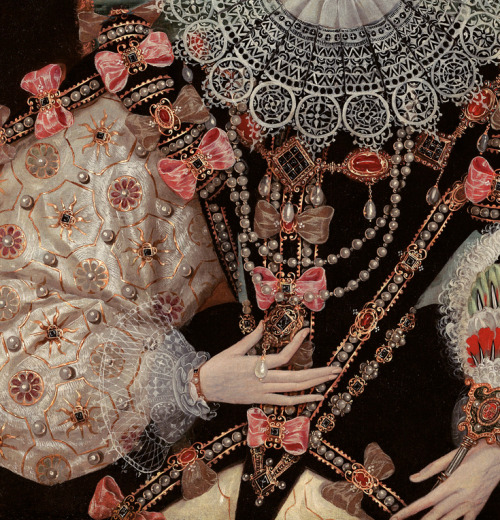 detailsofpaintings:Manner of George Gower, Portrait of Elizabeth I, The Armada portrait (detail)16th