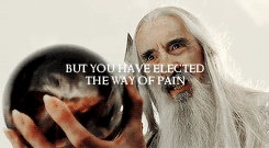 ianmckllen:gif request meme{idgie: LOTR + favorite villain  } → Saruman.“He is the chief of my order and the head of the Council. His knowledge is deep, but his pride has grown with it, and he takes ill any meddling. The lore of the Elven-rings,