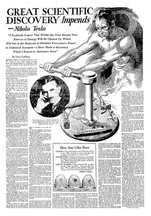 Great scientific discovery - Nikola Tesla. Inventor. Vintage article. 