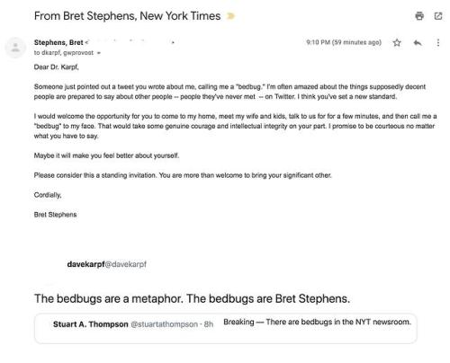 brosandprose:tockthewatchdog:“call me a bedbug to my face”Bret Stephens, David Brooks, Bari Weiss an