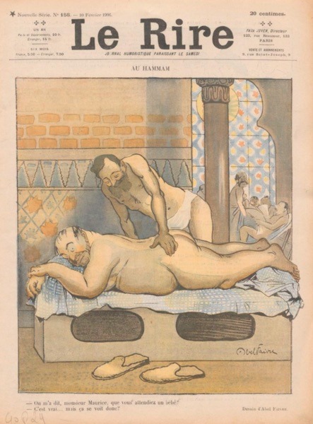 thehistoryofheaviness:  1906 Abel Faivre cover for Le Rire At the Hammam (Parisian spa) - I was told