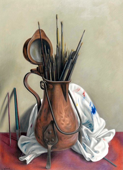 amare-habeo: Aimé Victor Barraud (Swiss, 1902-1954) Still life with paintbrushes in a copper 